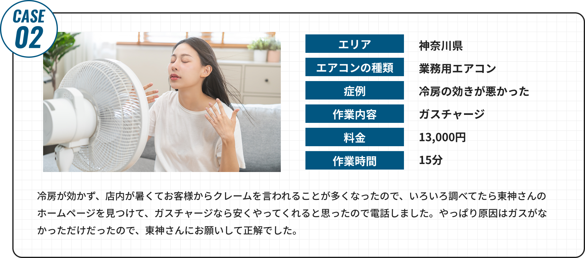 冷房が効かず、店内が暑くてお客様からクレームを言われることが多くなったので、いろいろ調べてたら首都圏エアコンサービスさんのホームページを見つけて、ガスチャージなら安くやってくれると思ったので電話しました。やっぱり原因はガスがなかっただけだったので、首都圏エアコンサービスさんにお願いして正解でした。