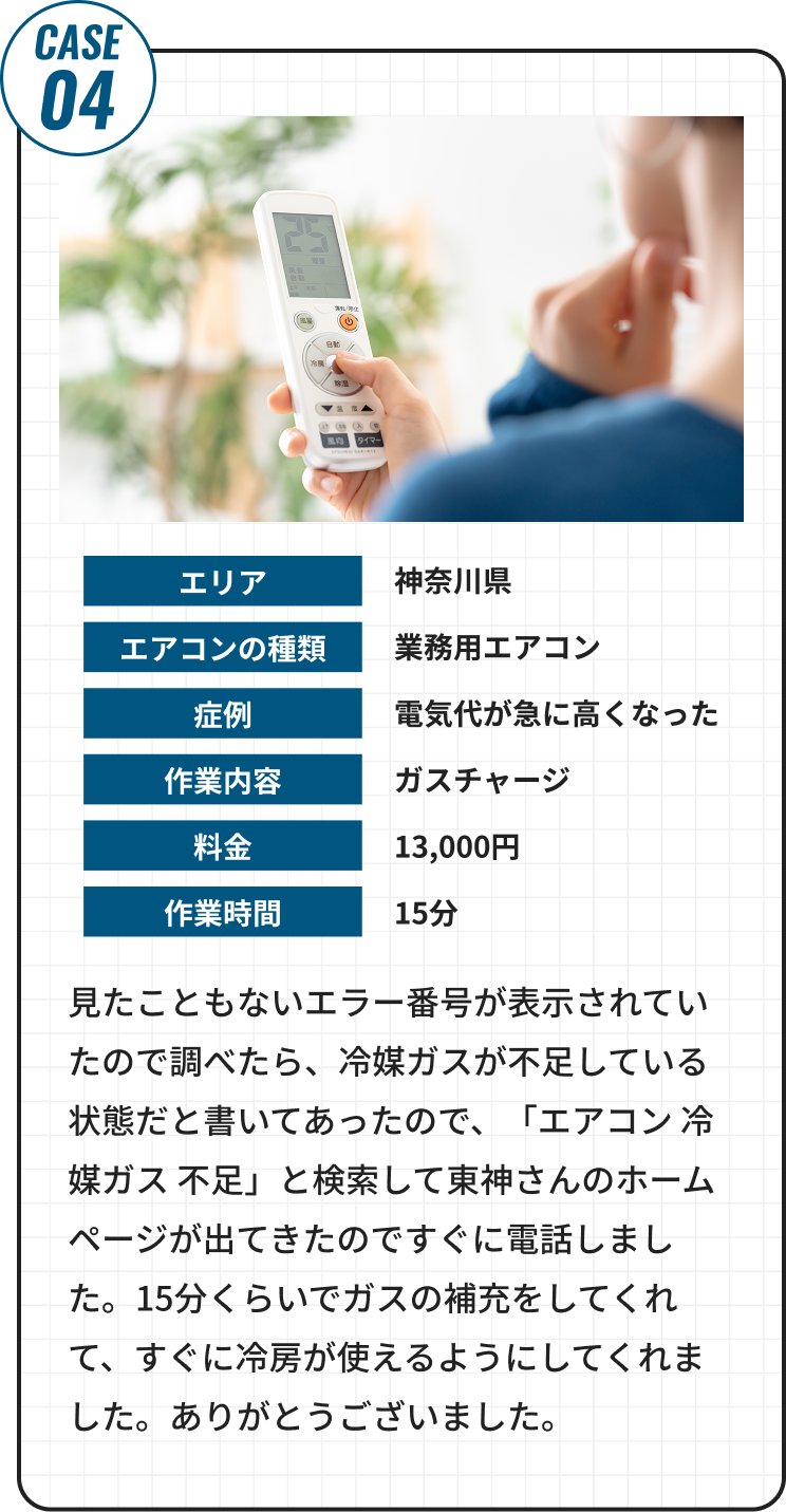 見たこともないエラー番号が表示されていたので調べたら、冷媒ガスが不足している状態だと書いてあったので、「エアコン 冷媒ガス 不足」と検索して首都圏エアコンサービスさんのホームページが出てきたのですぐに電話しました。15分くらいでガスの補充をしてくれて、すぐに冷房が使えるようにしてくれました。ありがとうございました。